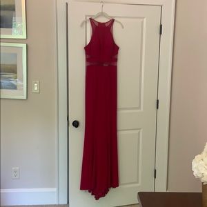 Faviana red long dress with mesh detailing